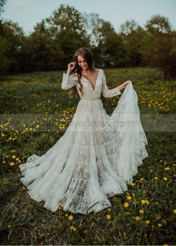 Ivory Lace Nude Lining V Back Sexy Boho Wedding Dress